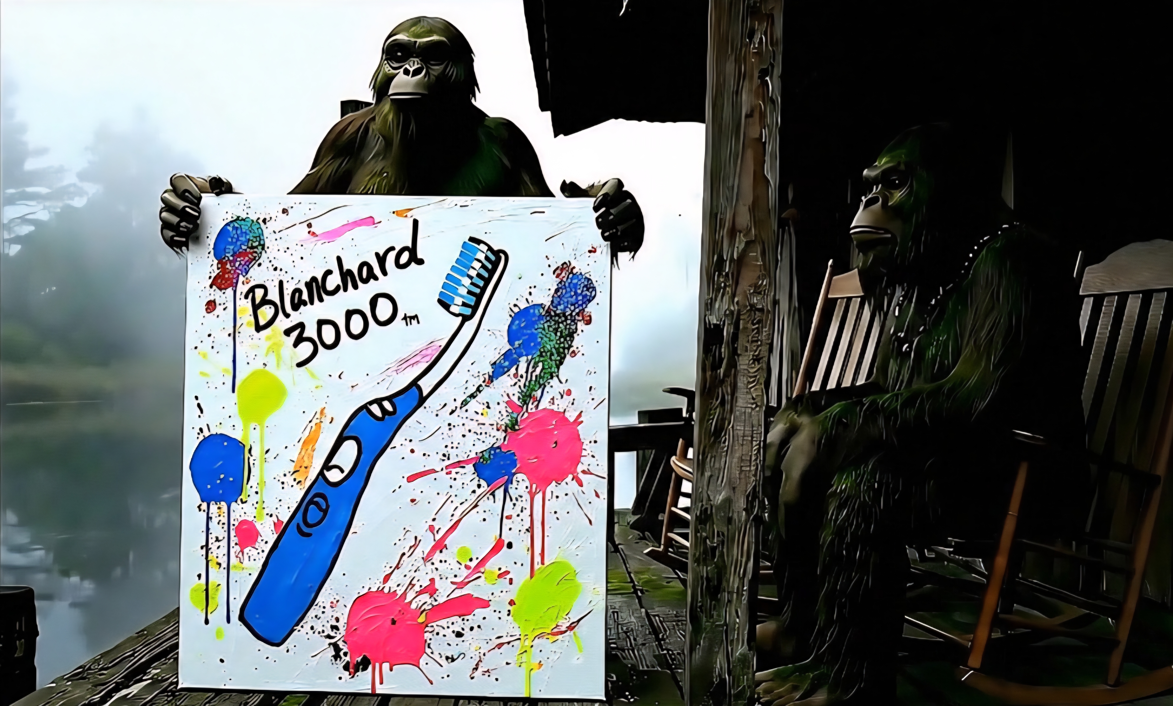 Rougarou holding a canvas painted with an electric toothbrush labeled Blanchard 3000