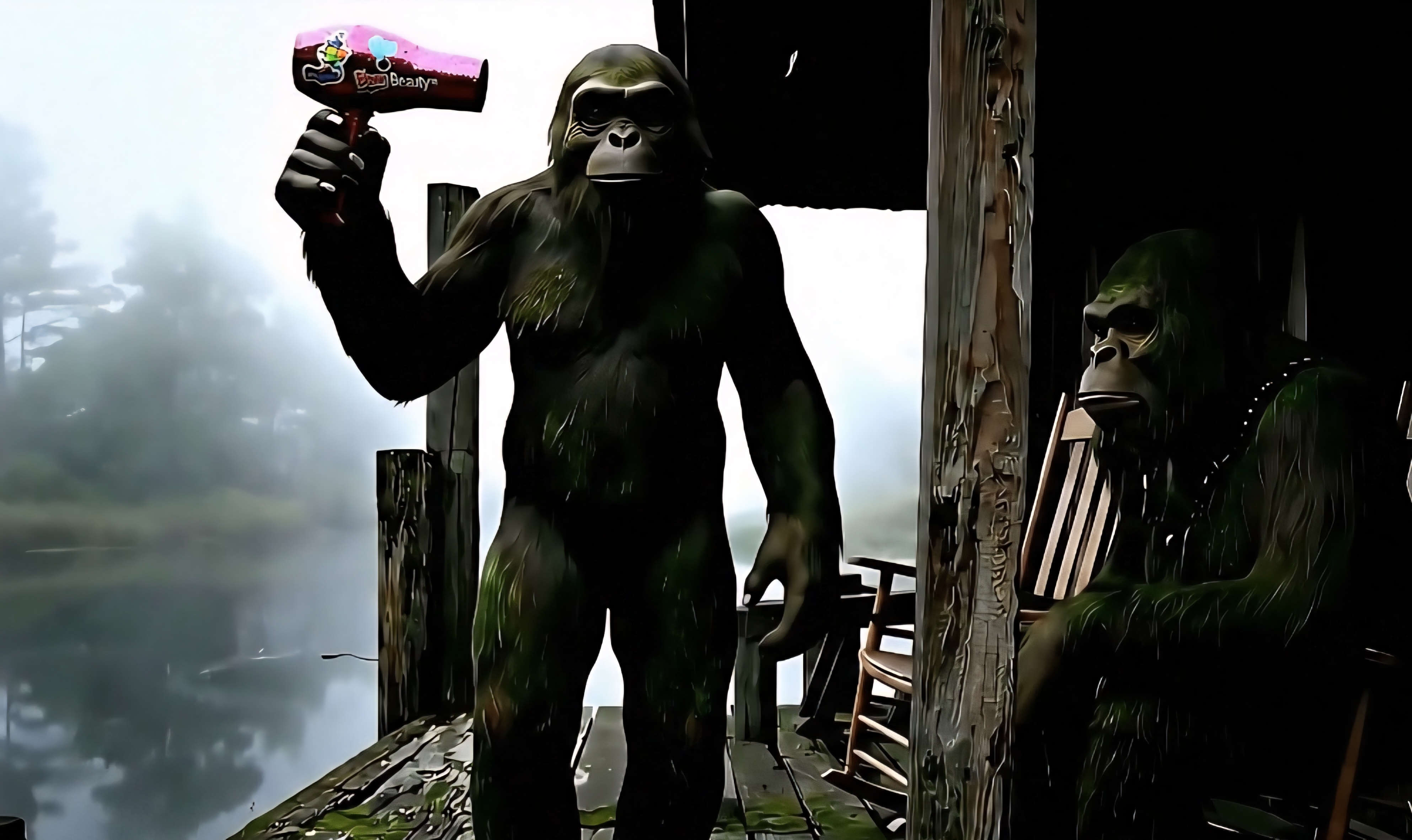 Rougarou on the porch holding a pink blow dryer with Blown Beauty stickers